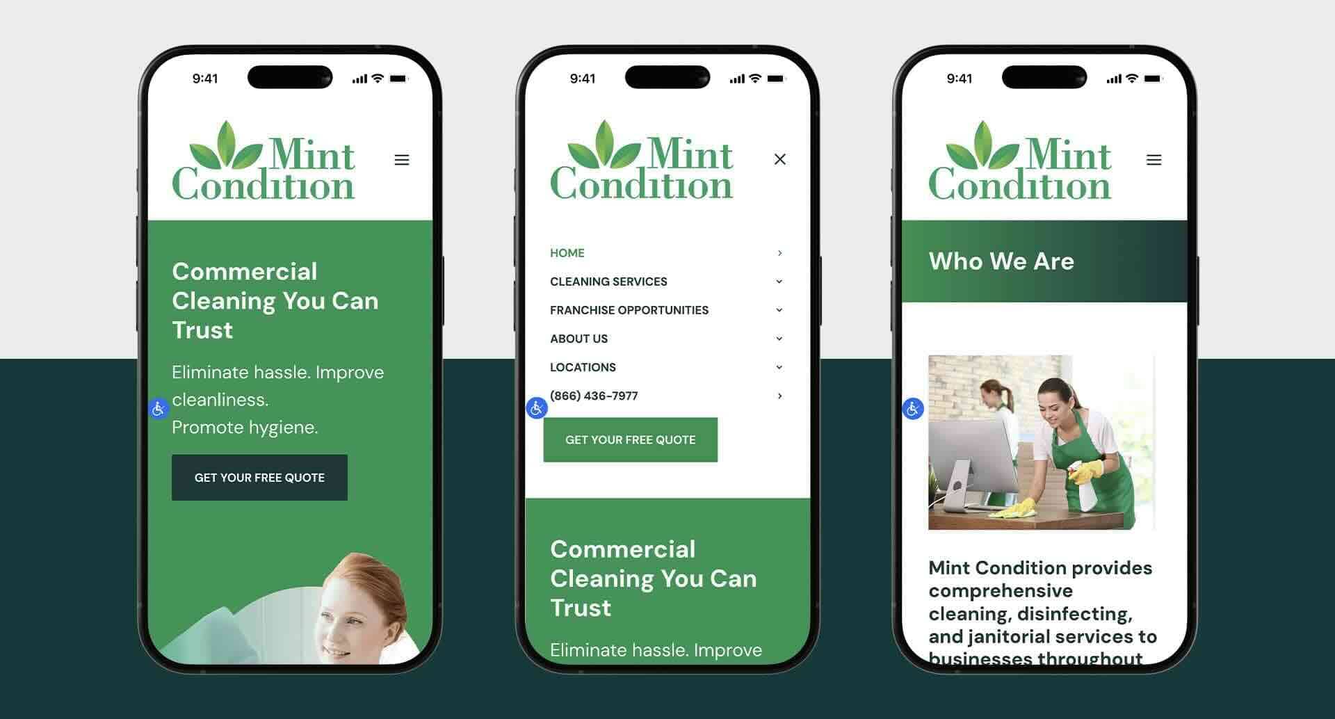 Mint Condition website pages and menu shown on mobile