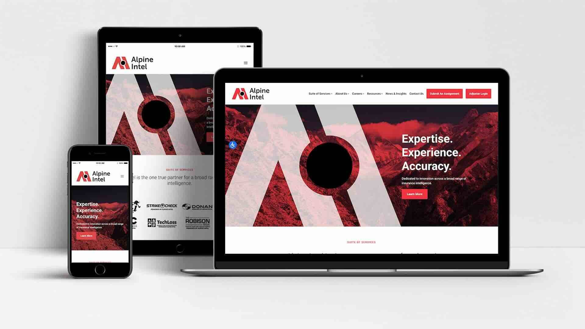 Alpine Intel website shown on laptop, tablet and mobile