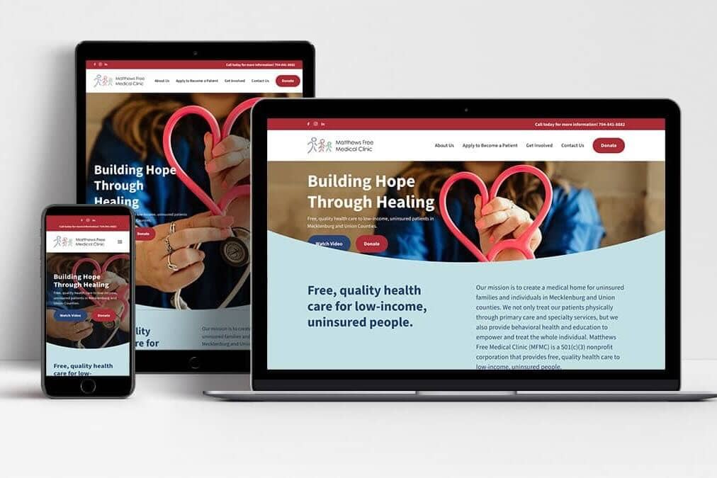 The Matthews Free Medical Clinic website shown on laptop, tablet and mobile