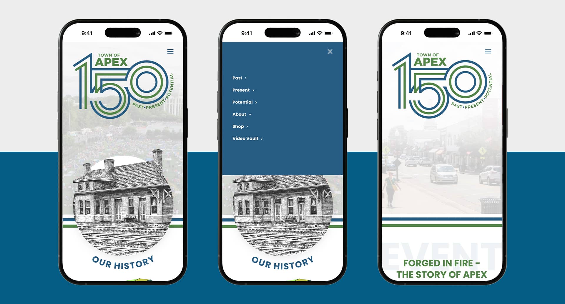 Town of Apex 150th Anniversary website pages and menu on mobile
