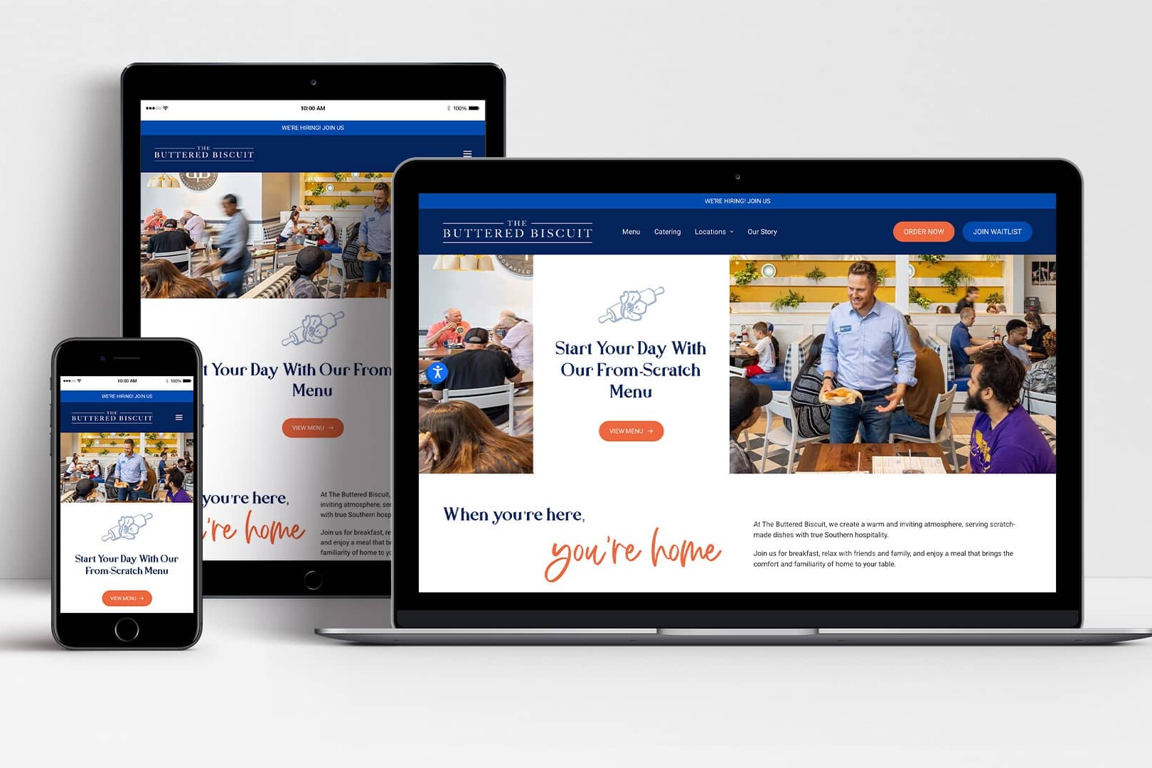 The Buttered Biscuit website shown on mobile, laptop and tablet
