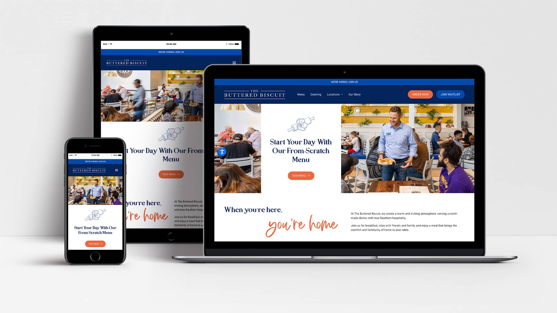 The Buttered Biscuit website shown on mobile, laptop and tablet