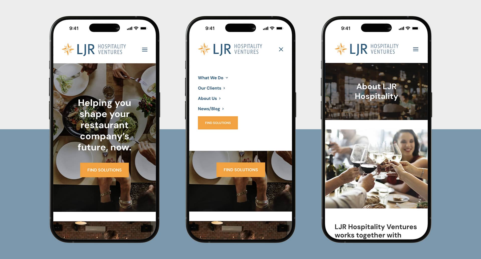 LJR Hospitality Ventures website pages and menu shown on mobile