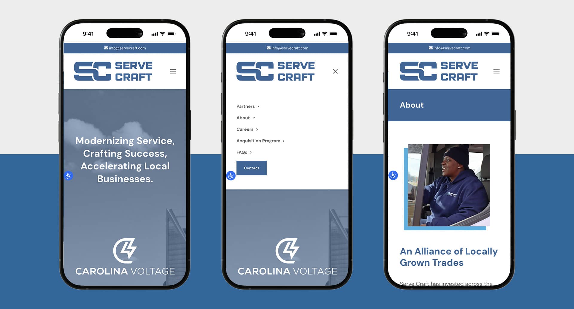 ServeCraft website pages and menu shown on mobile