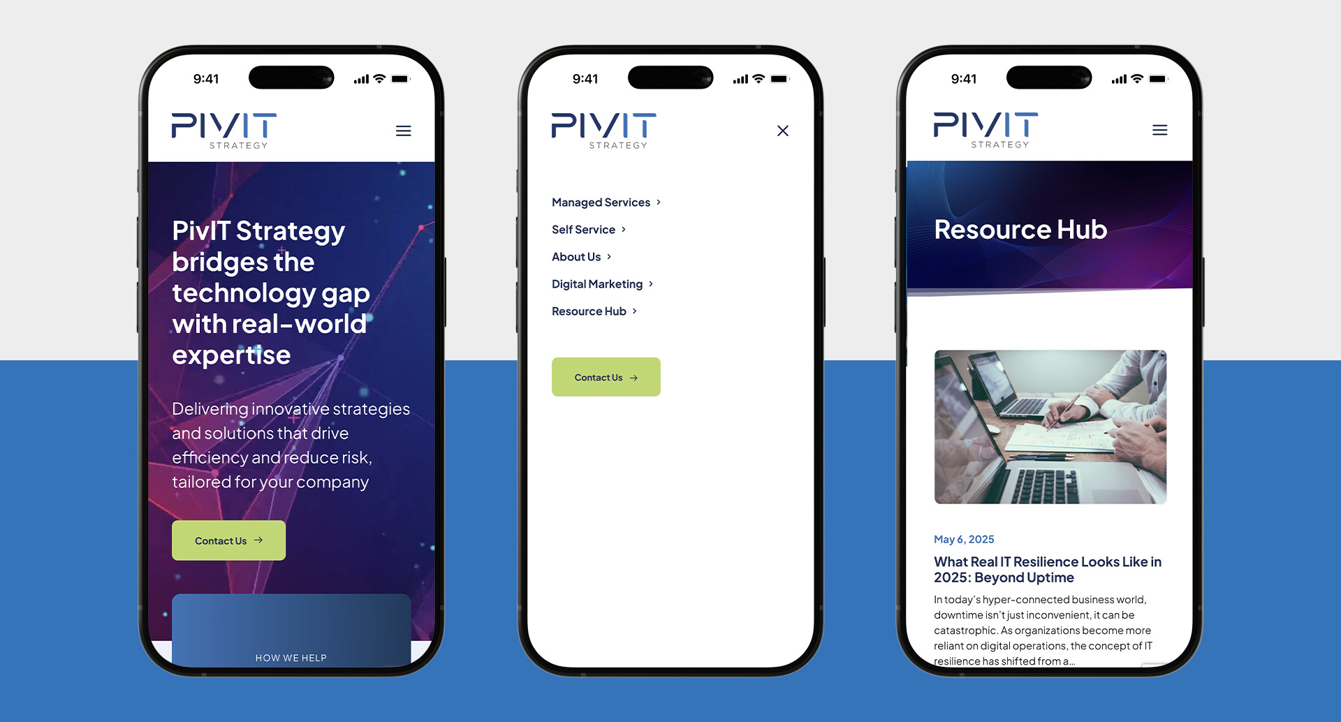 Pivit Strategy web pages and menu shown on mobile