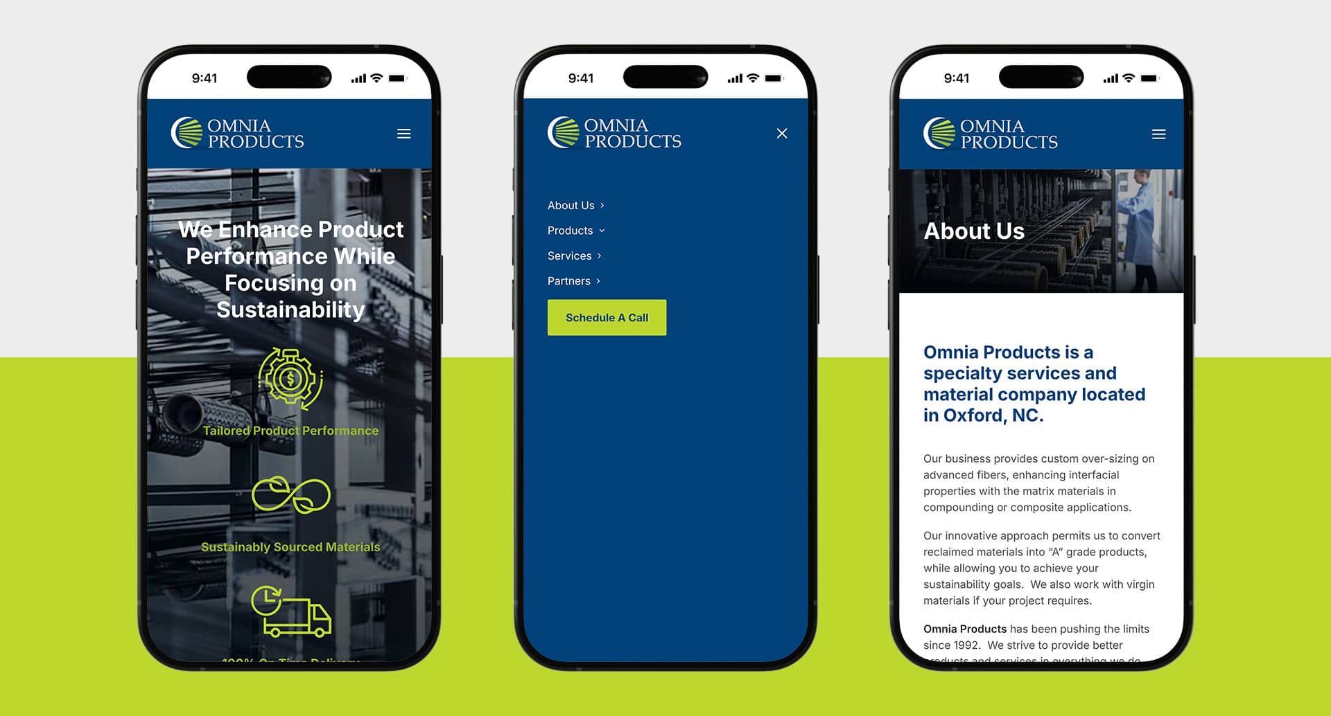 Omnia Products website pages and menu shown on mobile