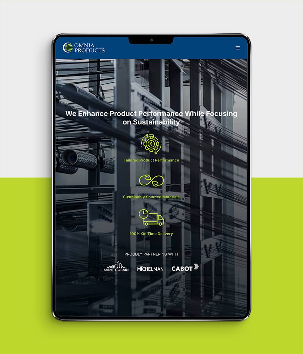 Omnia Products website shown on tablet