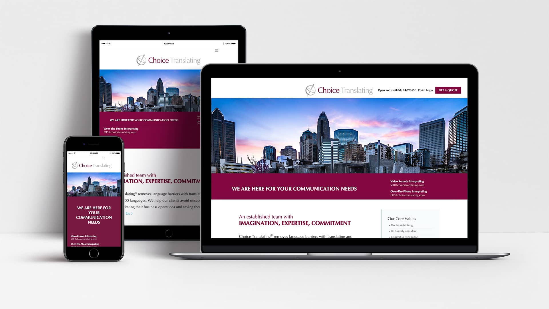 Choice Translating website shown on laptop, tablet and mobile
