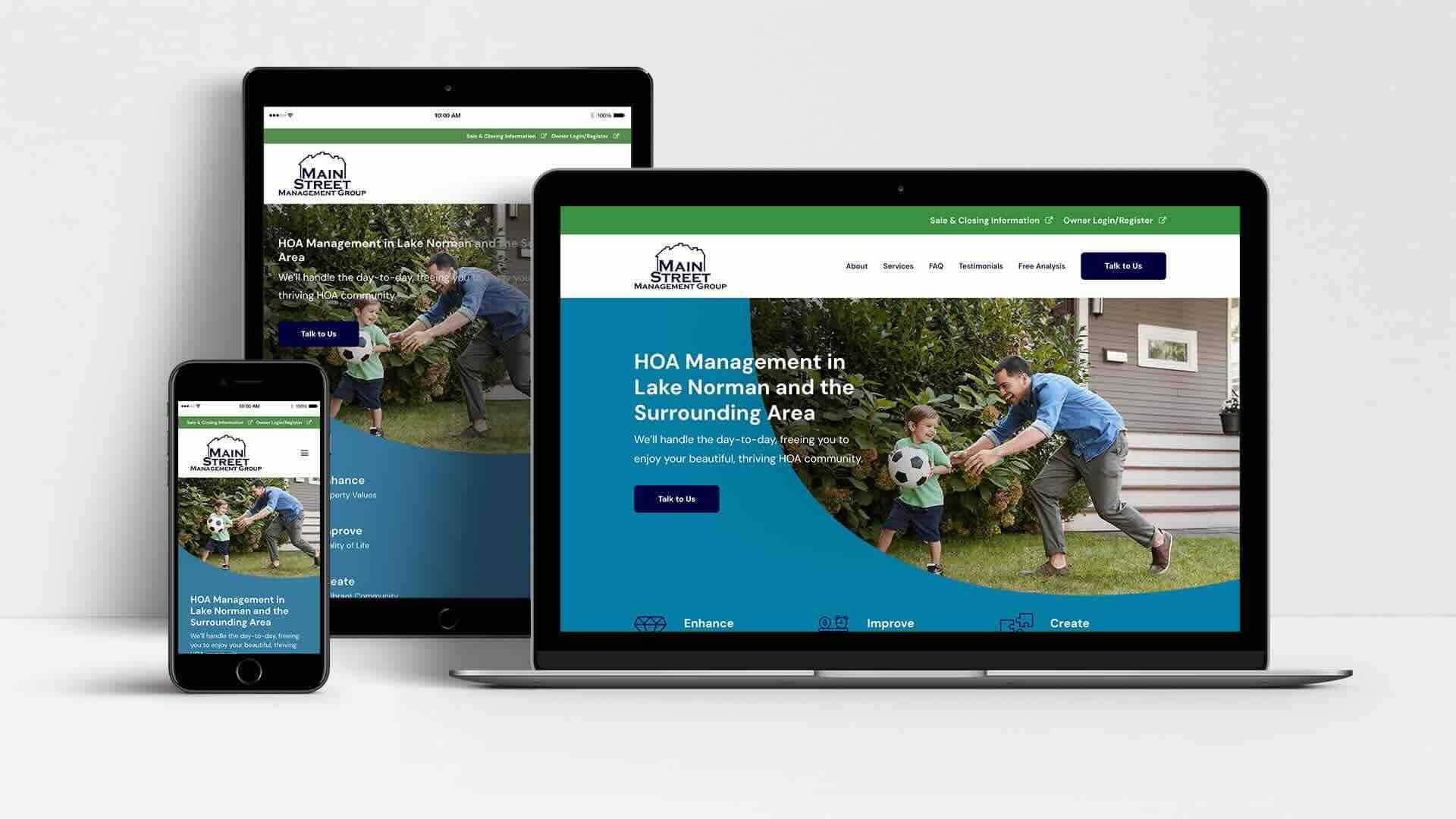 Main Street Management Group website shown on laptop, tablet and mobile