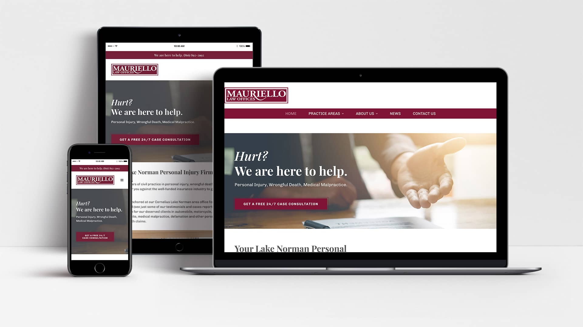 Mauriello Law website shown on laptop, tablet and mobile
