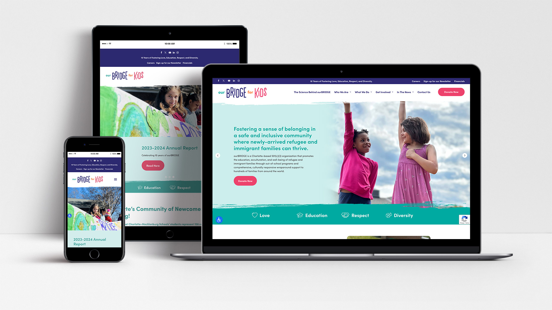 Our Bridge for Kids website shown on laptop, mobile and tablet