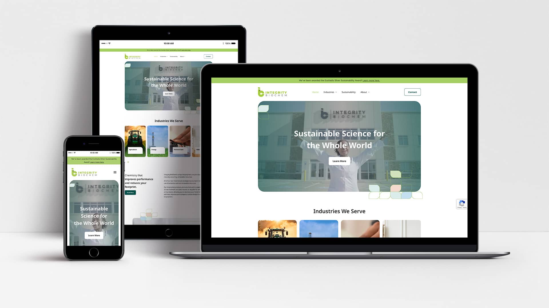 integrity biochem website shown on laptop, tablet and mobile