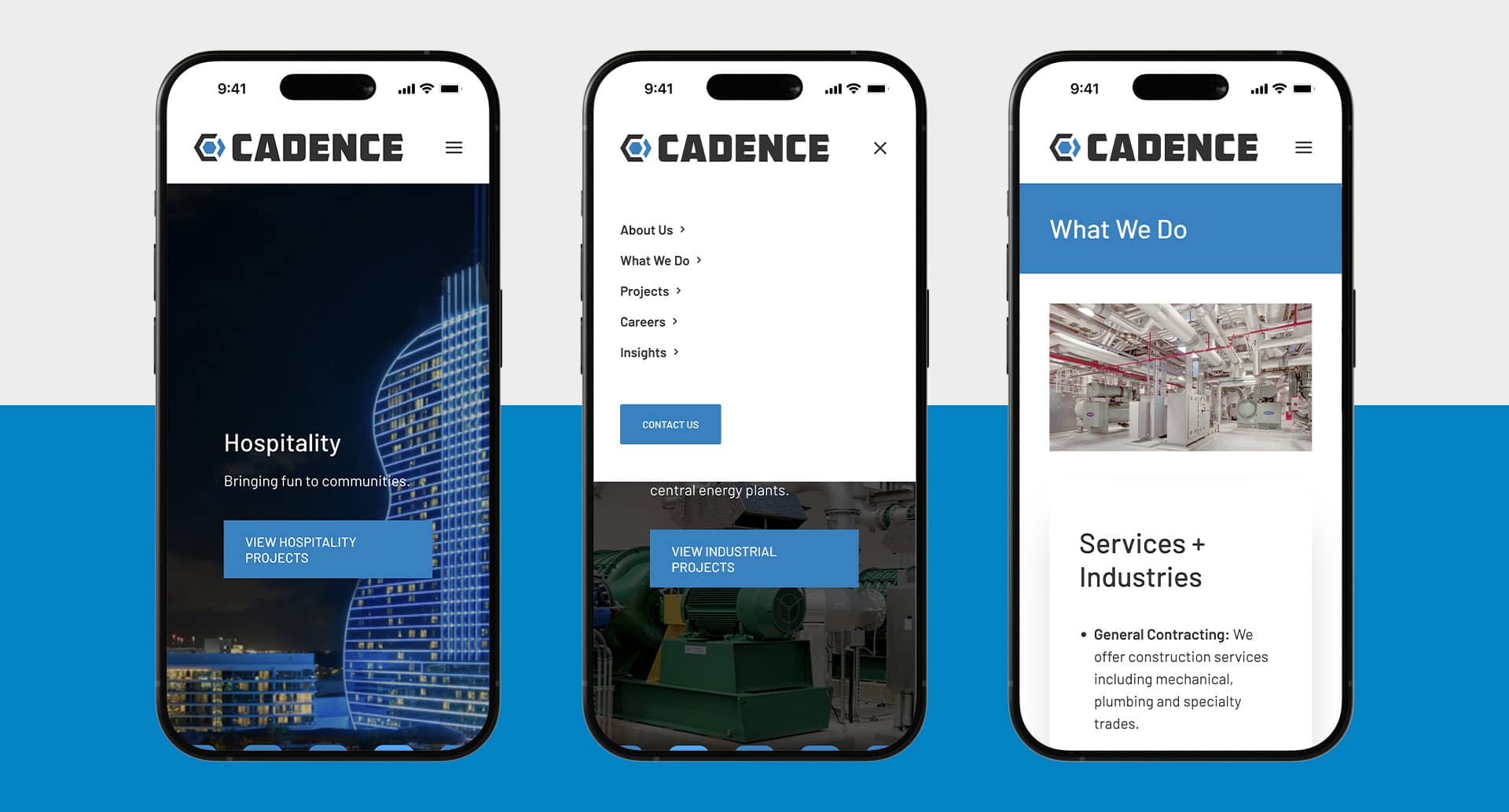 Cadence website pages and menu shown on mobile