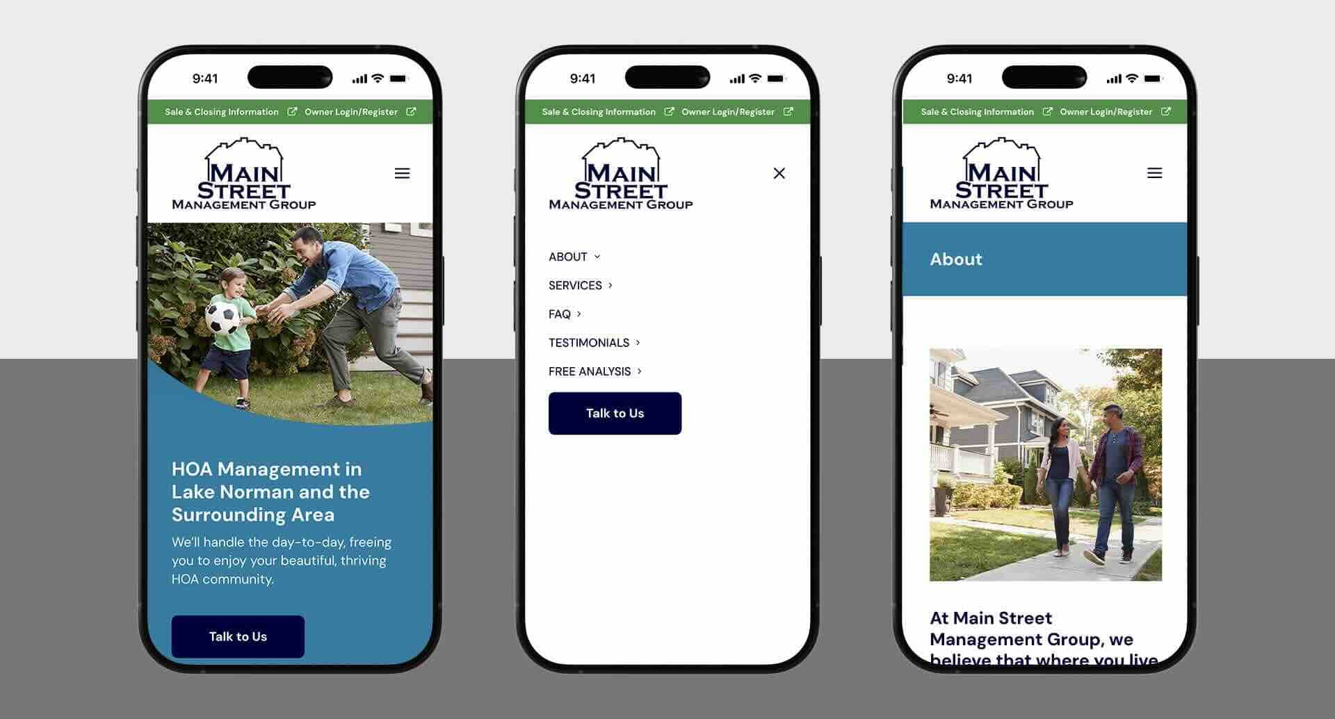 Main Street Management Group website pages and menu shown on mobile