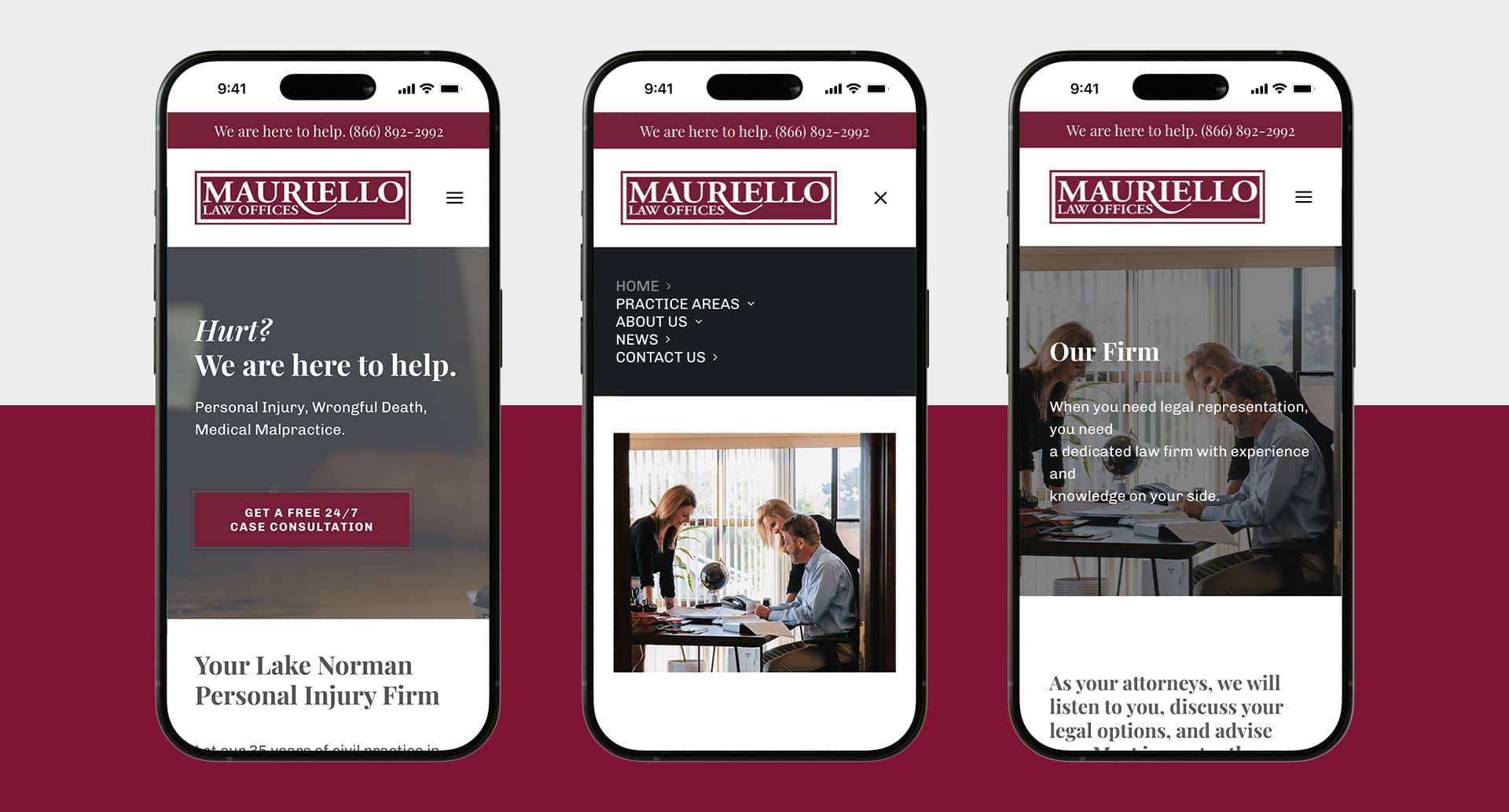 Mauriello Law web pages shown on mobile