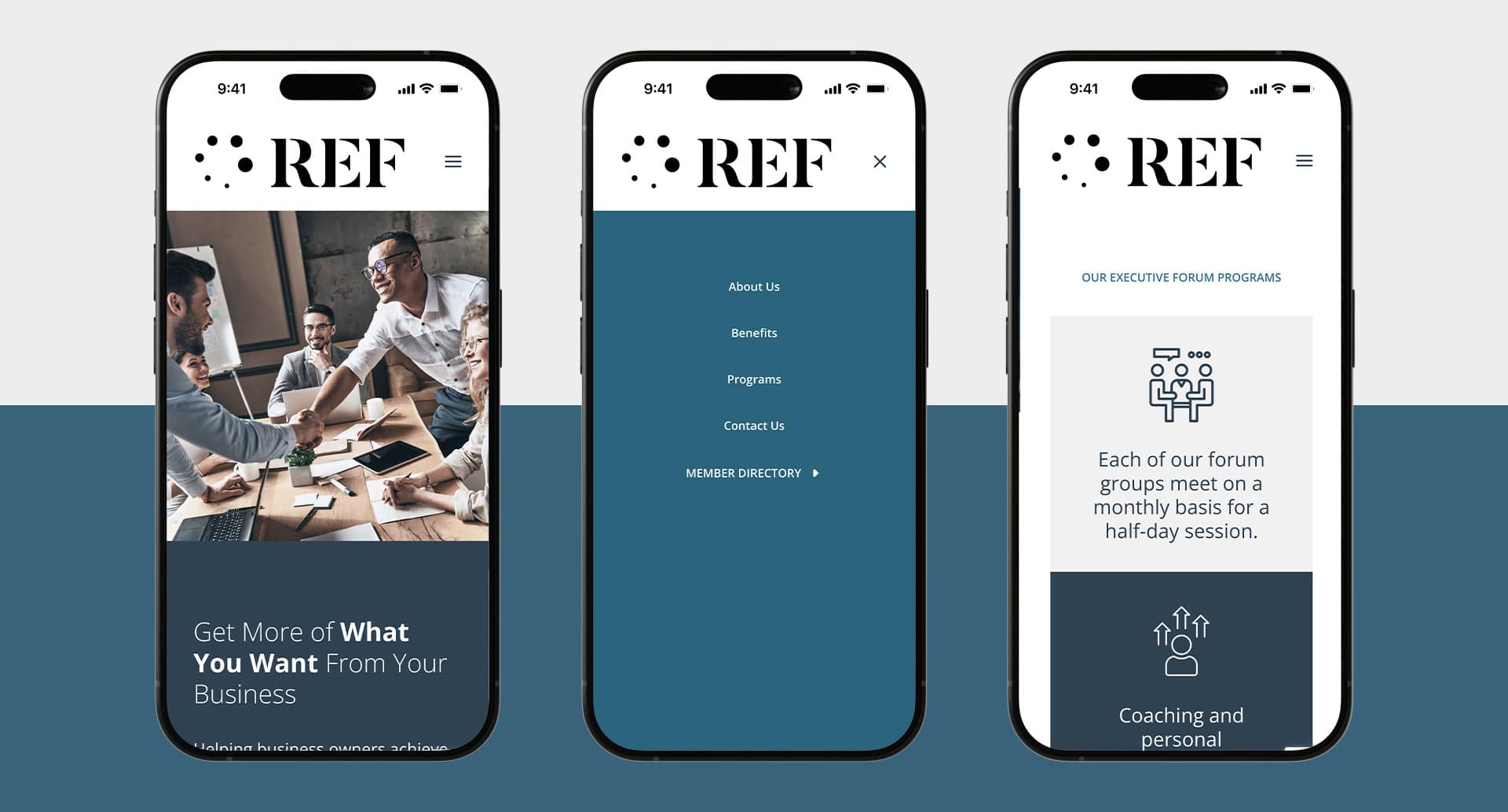 Renaissance Executive Forums website pages and menu shown on mobile