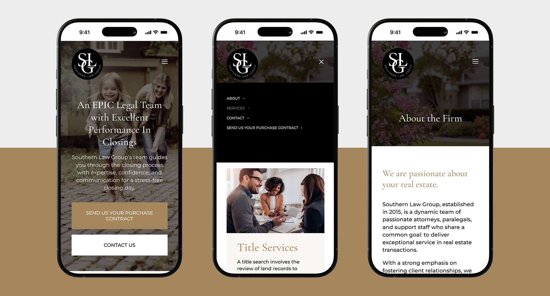 Southern Law Group website pages and menu shown on mobile