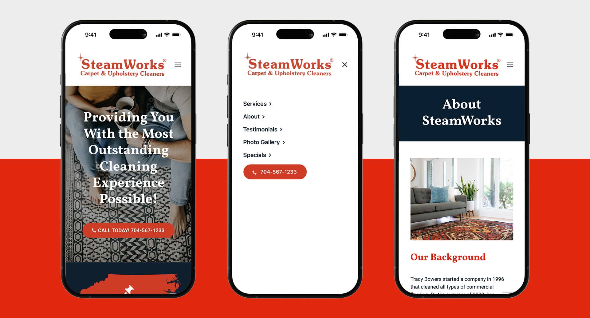 Steam Works Carpet Cleaning website pages and menu shown on mobile