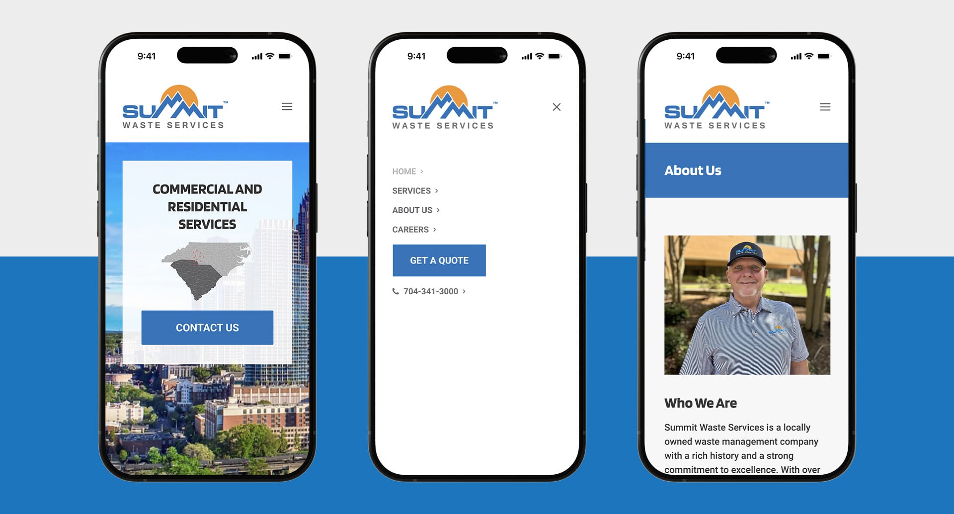 Summit Waste Services website pages and menu shown on mobile
