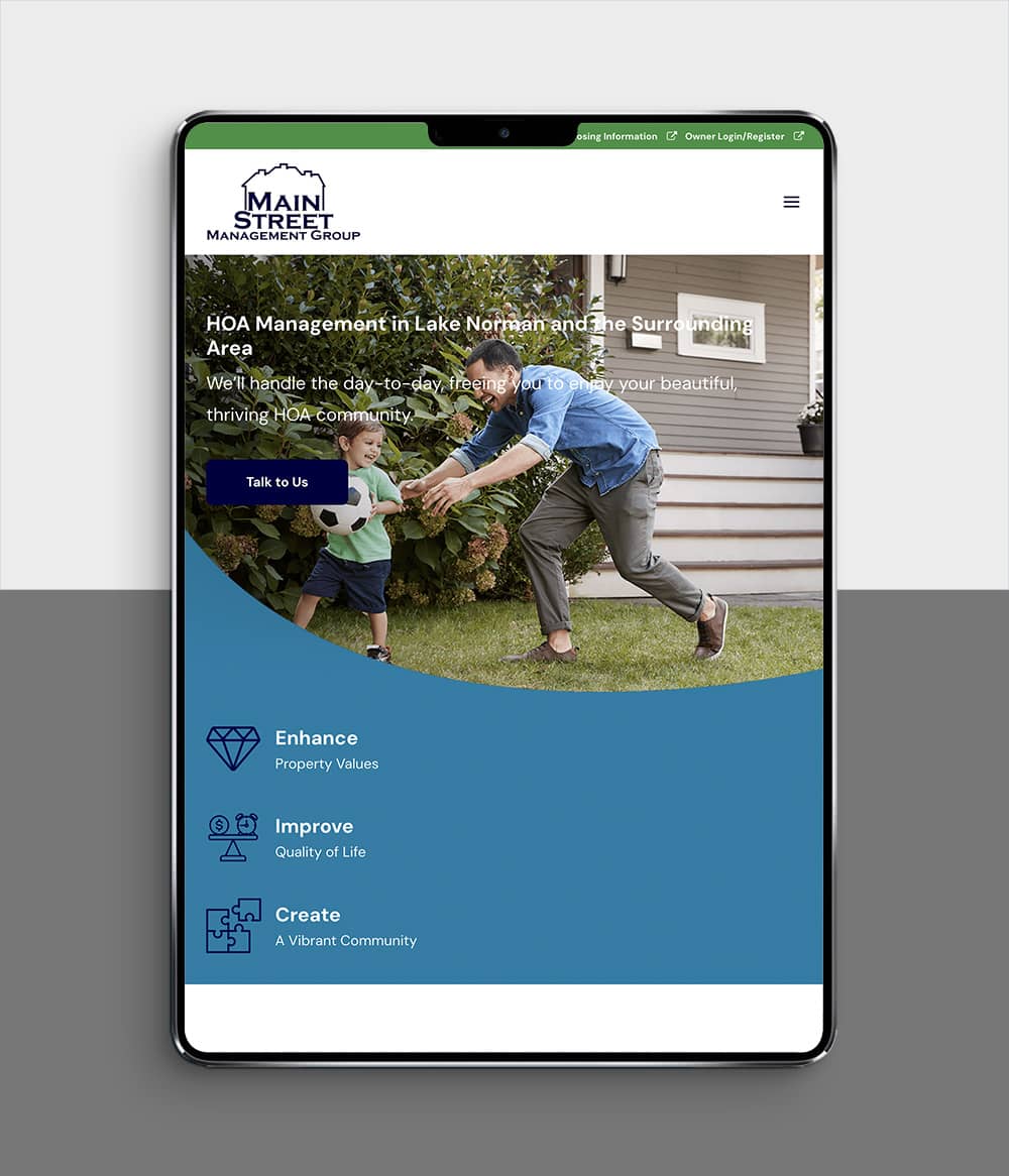 Main Street Management Group website shown on tablet