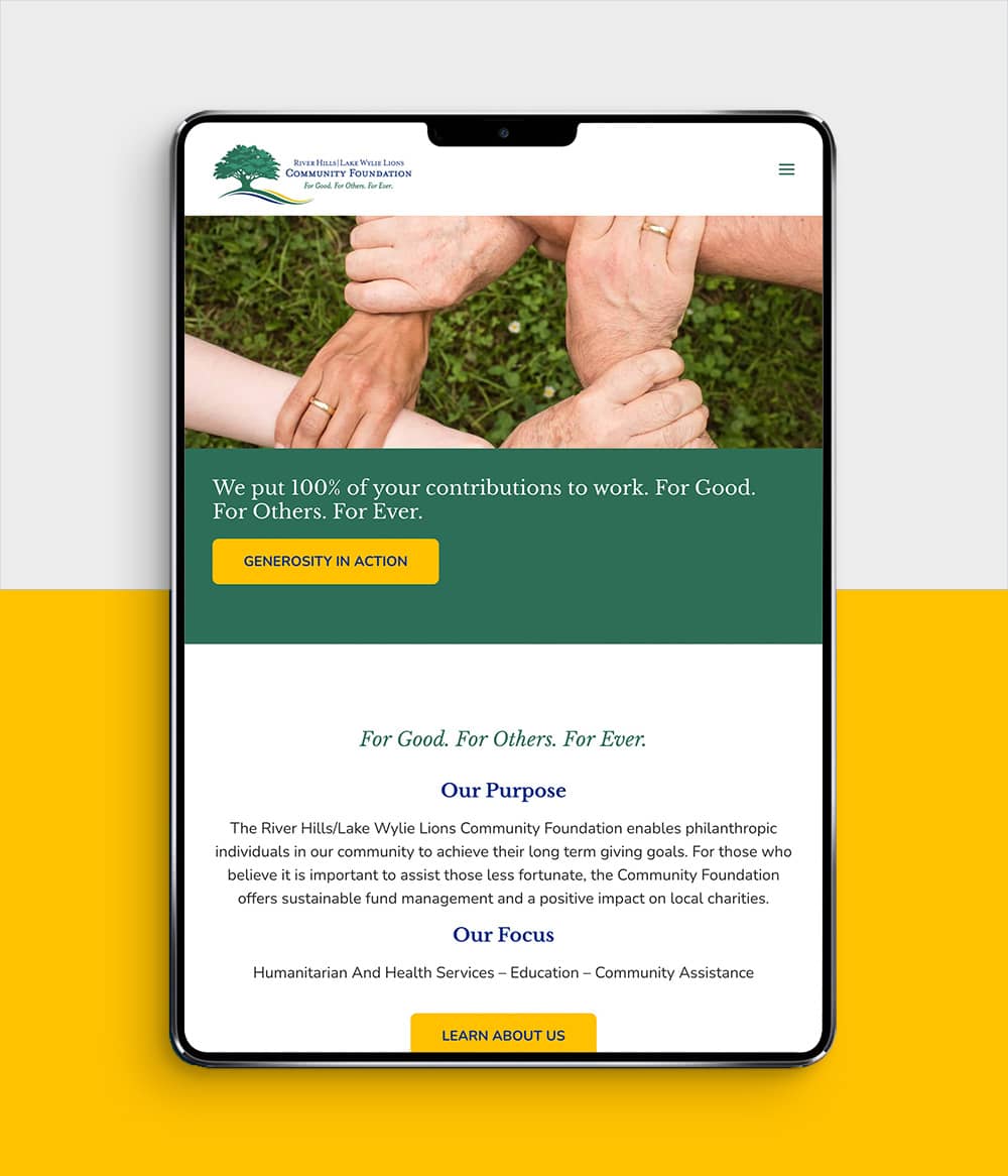 River Hills Lake Wylie Lions Club Community Foundation website shown on tablet