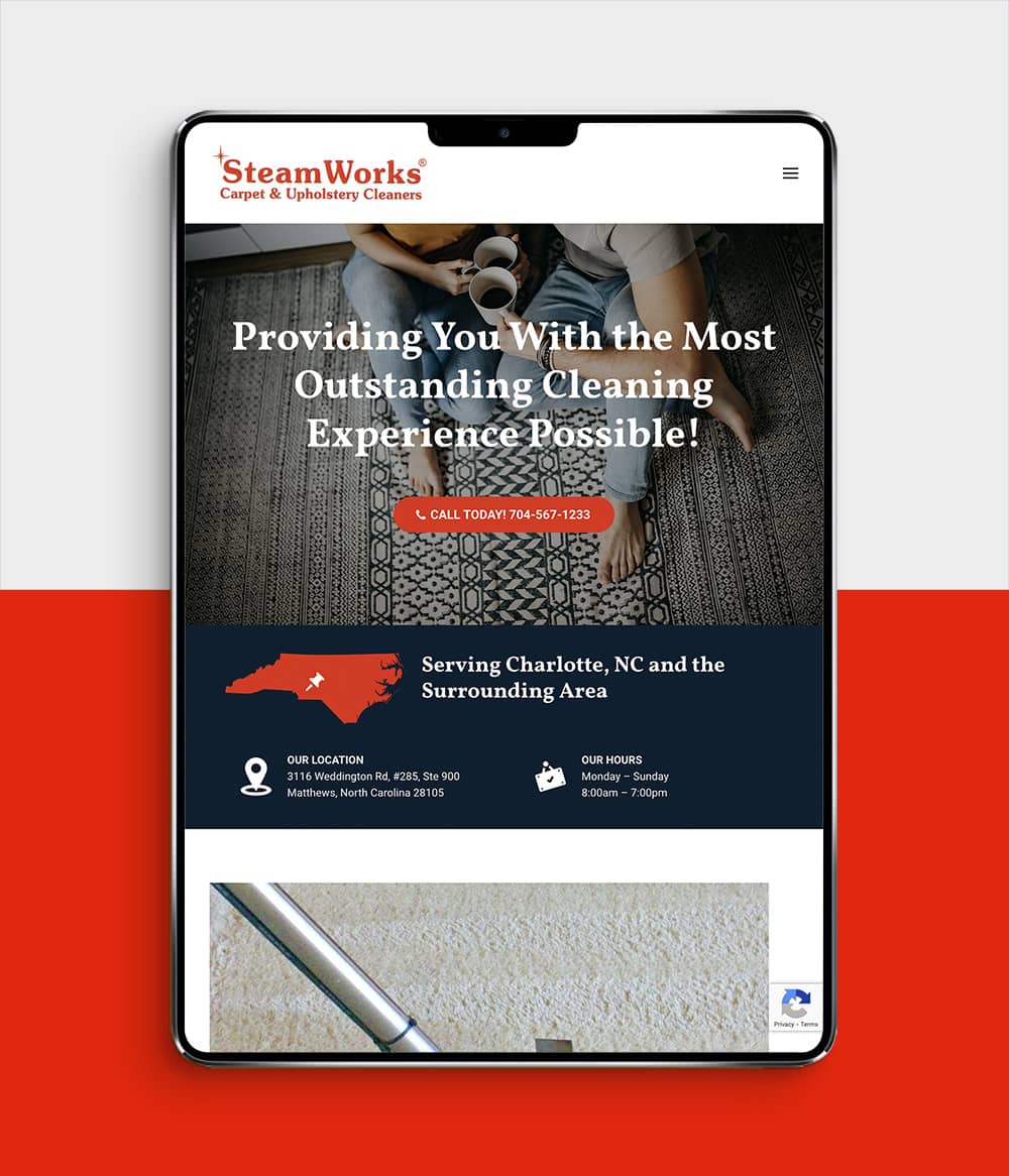 Steam Works Carpet Cleaning website shown on tablet