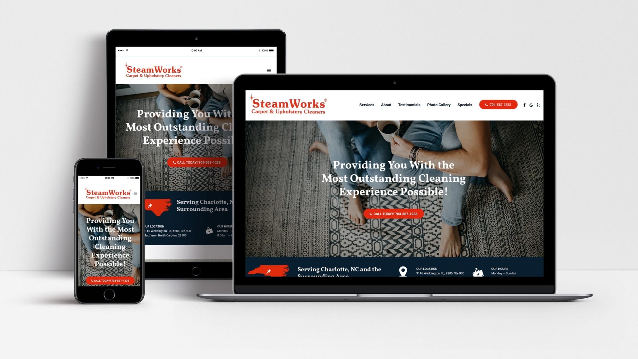 Steam Works Carpet Cleaning website shown on laptop, tablet and mobile