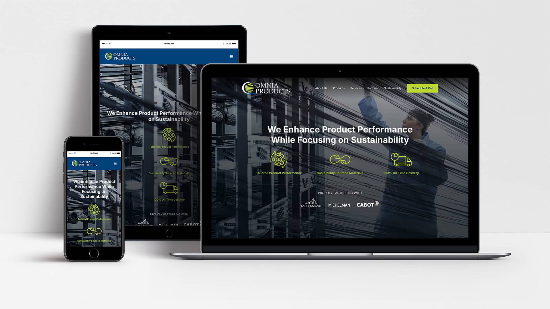 Omnia Products website shown on laptop, tablet and mobile