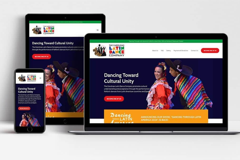 Carolinas Latin Dance Company website shown on laptop, tablet and mobile