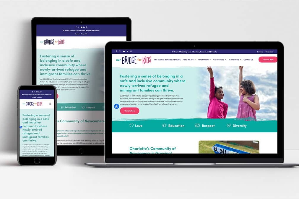 Our Bridge For Kids website shown on laptop, tablet and mobile