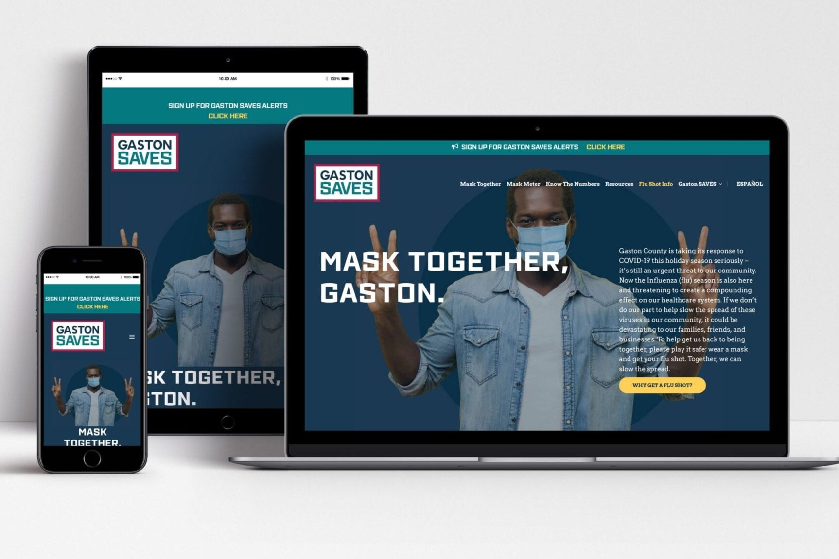 Gaston Saves website shown on laptop, tablet and mobile