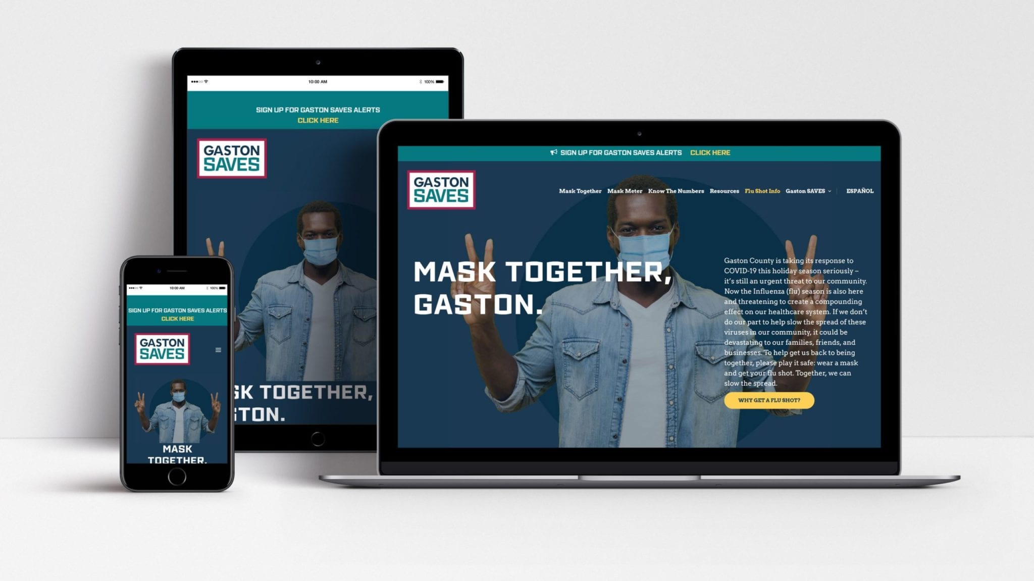 Gaston Saves website shown on laptop, tablet and mobile