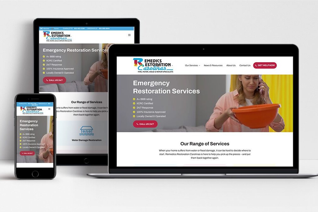 Remedics Restoration website shown on laptop, tablet and mobile