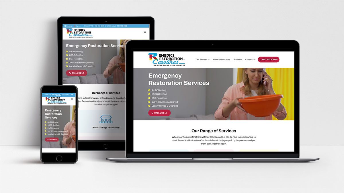 Remedics Restoration website shown on laptop, tablet and mobile
