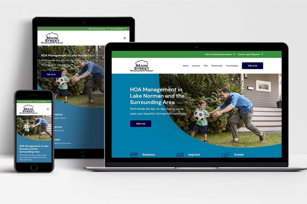 Main Street Management Group website shown on laptop, tablet and mobile