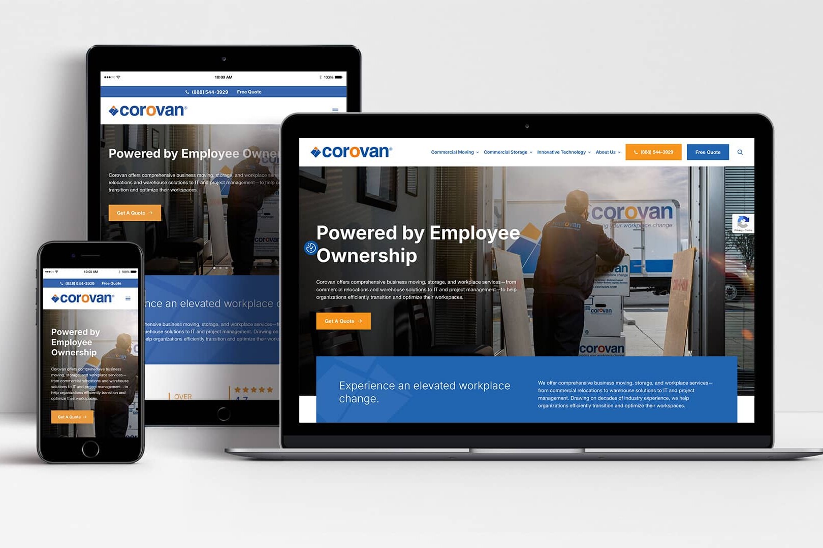 Corovan Moving & Storage Co website shown on laptop, tablet and mobile