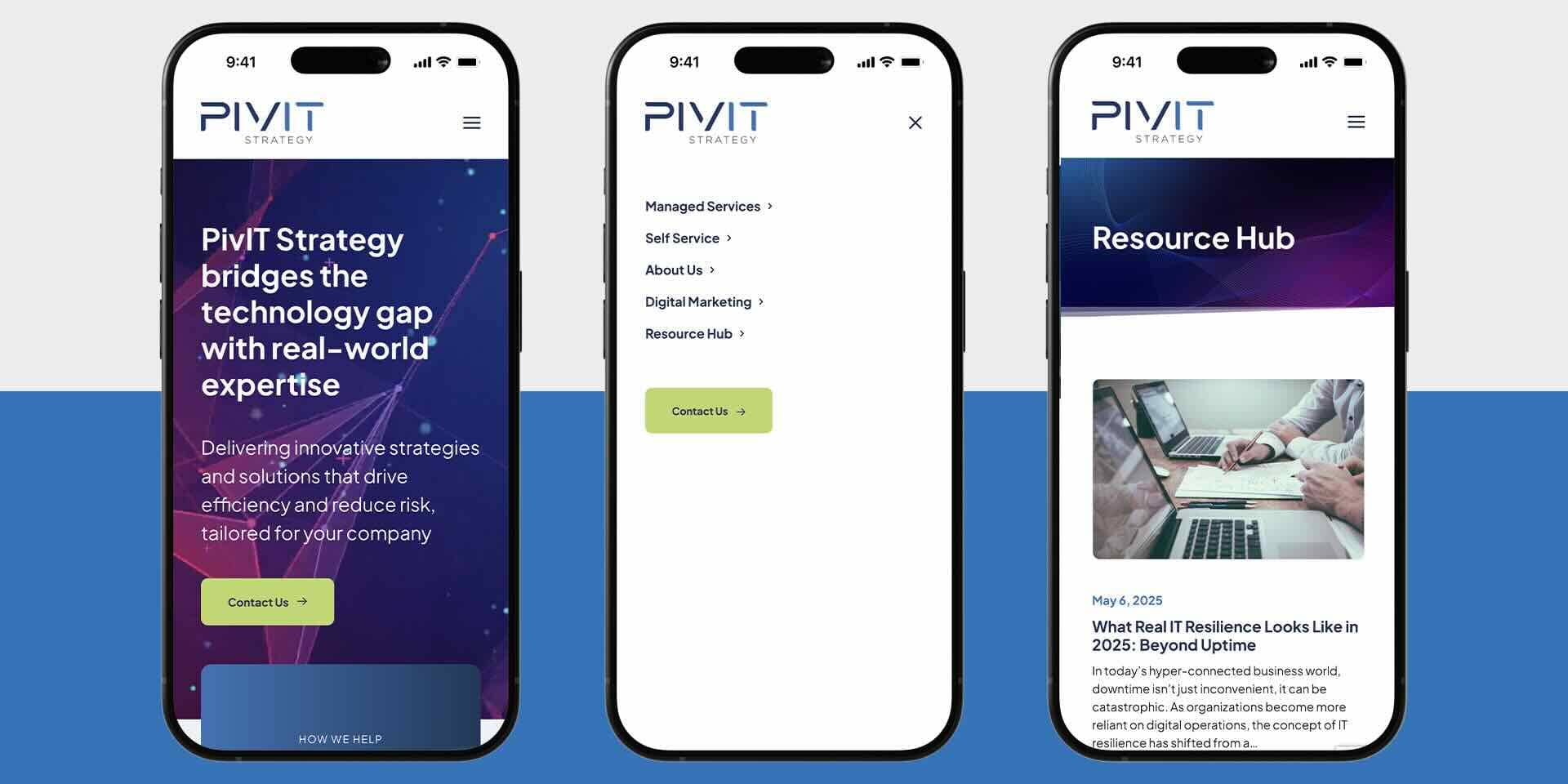 Pivit Strategy web pages and menu shown on mobile