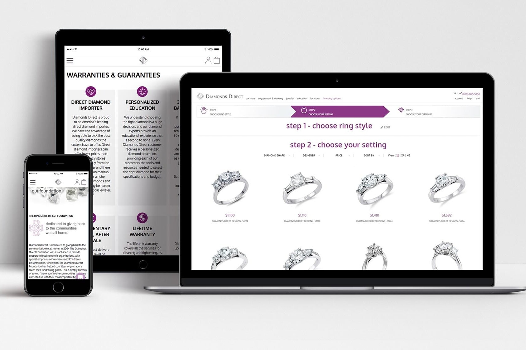 Diamonds Direct website shown on laptop, tablet and mobile