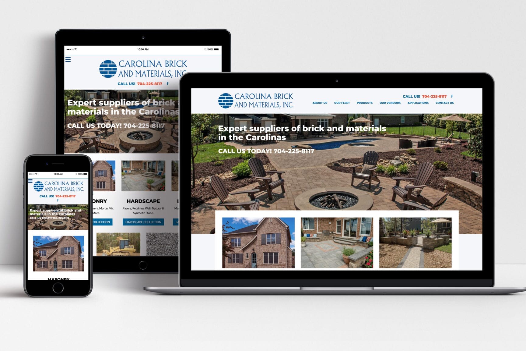Carolina Brick & Material website shown on laptop, tablet and mobile