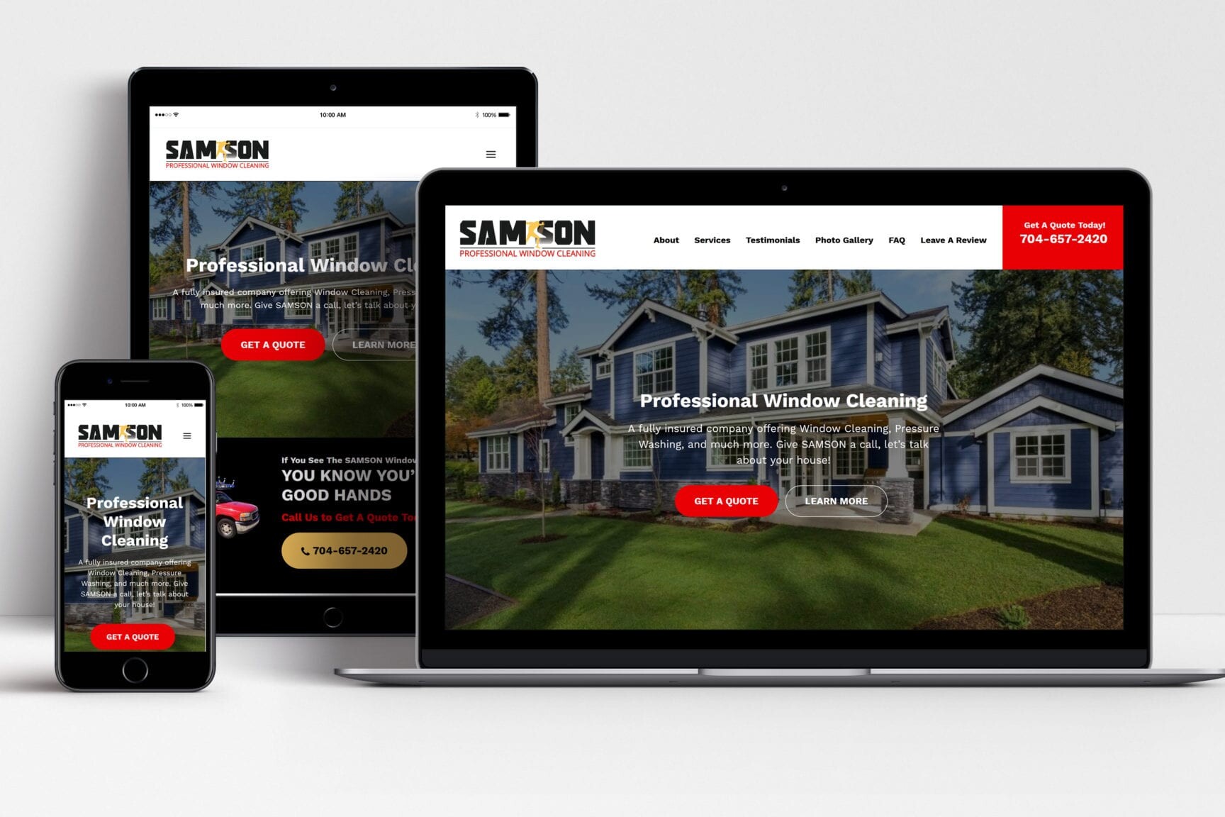 Samson Professional Window Cleaning website shown on laptop, tablet and mobile