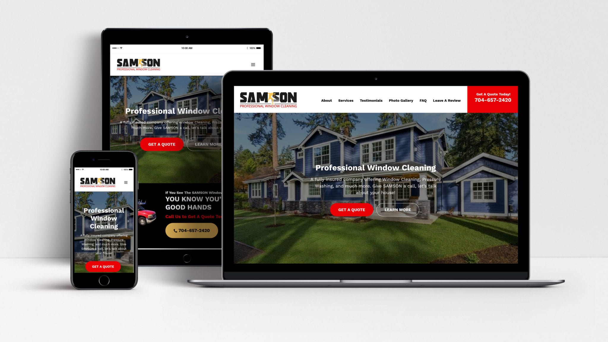 Samson Professional Window Cleaning website shown on laptop, tablet and mobile