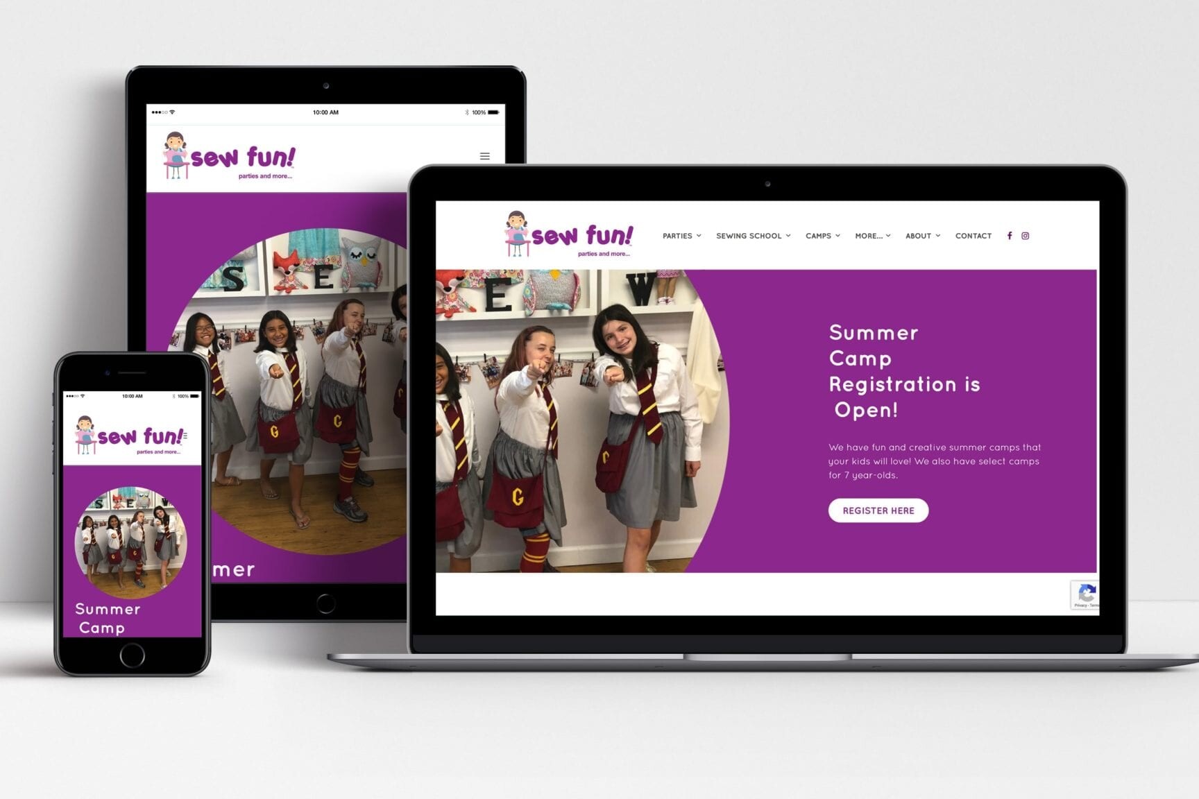 sew fun! parties and more website shown on laptop, tablet and mobile