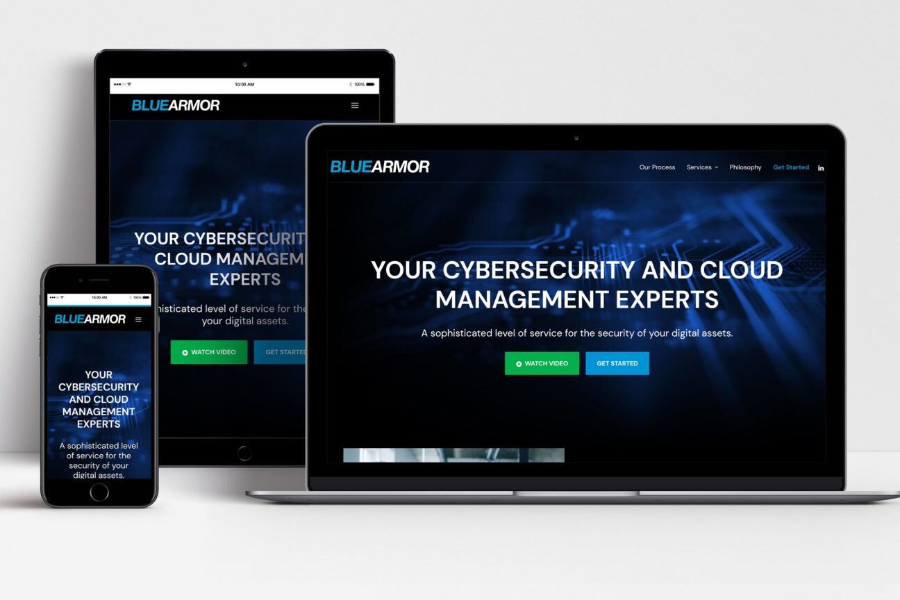 BlueArmor website shown on laptop, tablet and mobile