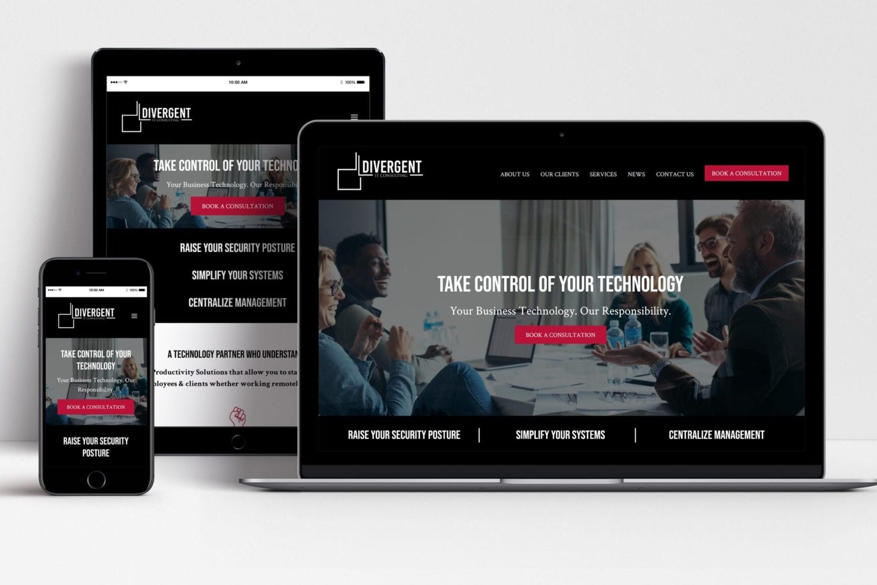 DivergentIT website shown on laptop, tablet and mobile