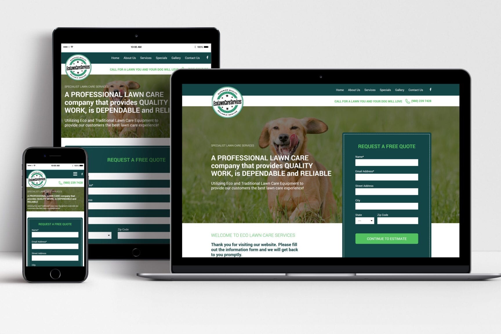 Eco Lawn Care Services website shown on laptop, tablet and mobile