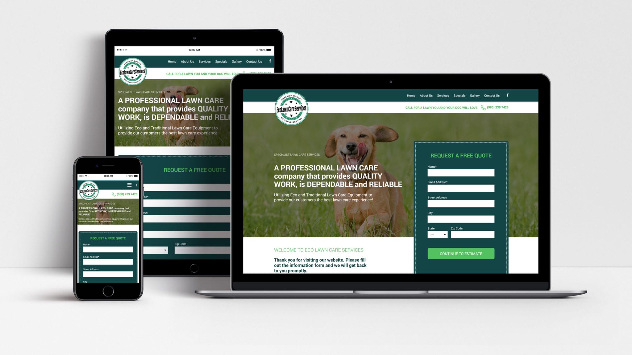 Eco Lawn Care Services website shown on laptop, tablet and mobile