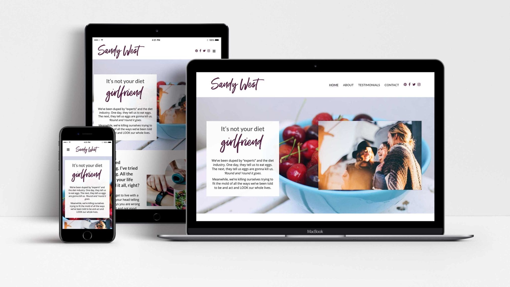 Sandy West website shown on laptop, tablet and mobile