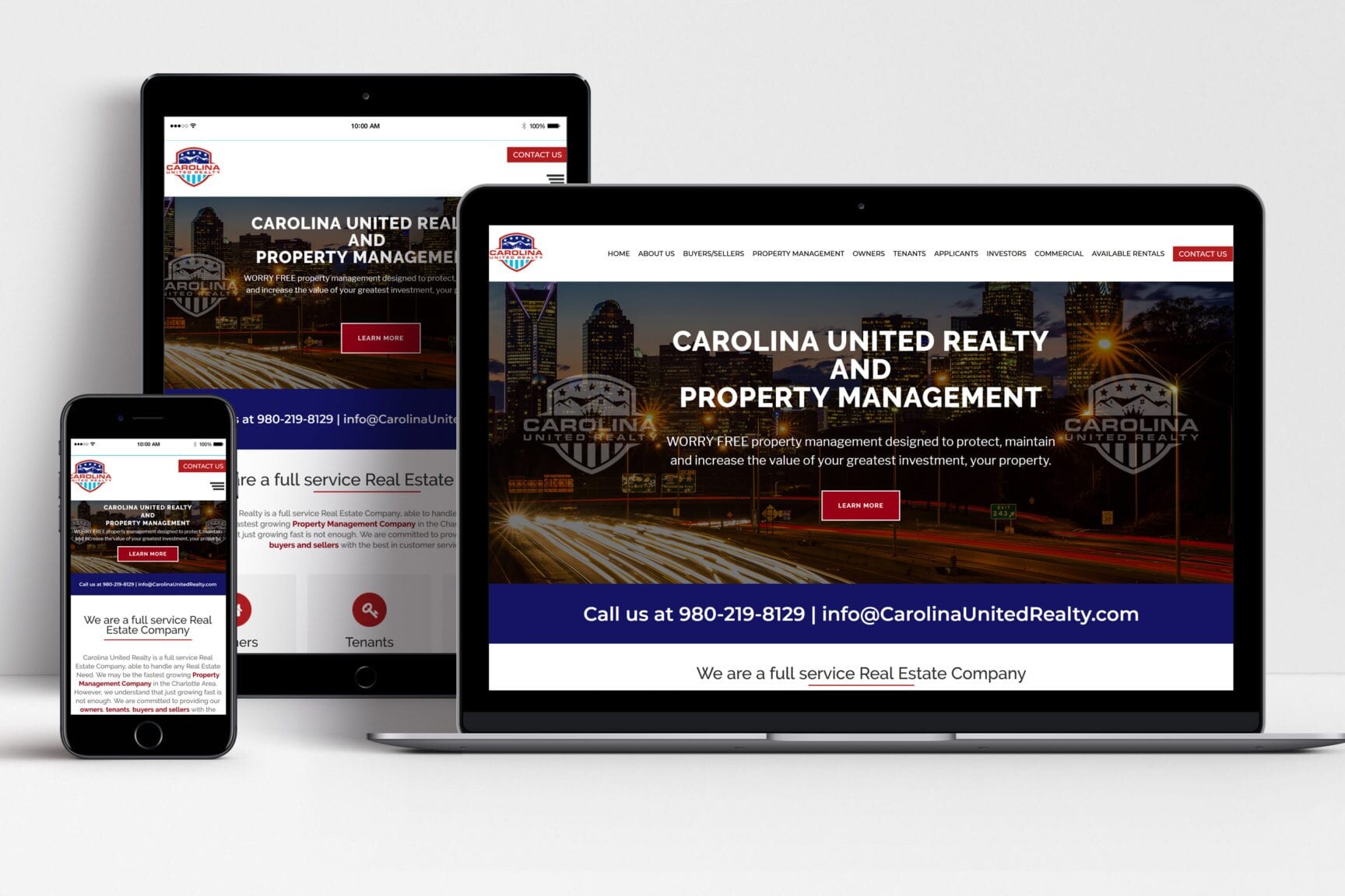 Carolina United Realty website shown on laptop, tablet and mobile