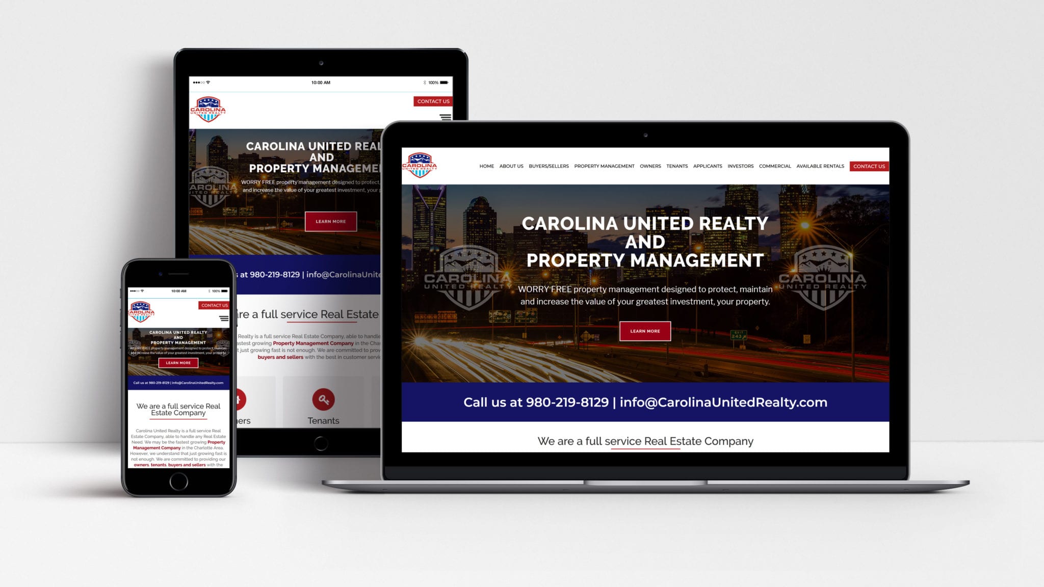 Carolina United Realty website shown on laptop, tablet and mobile