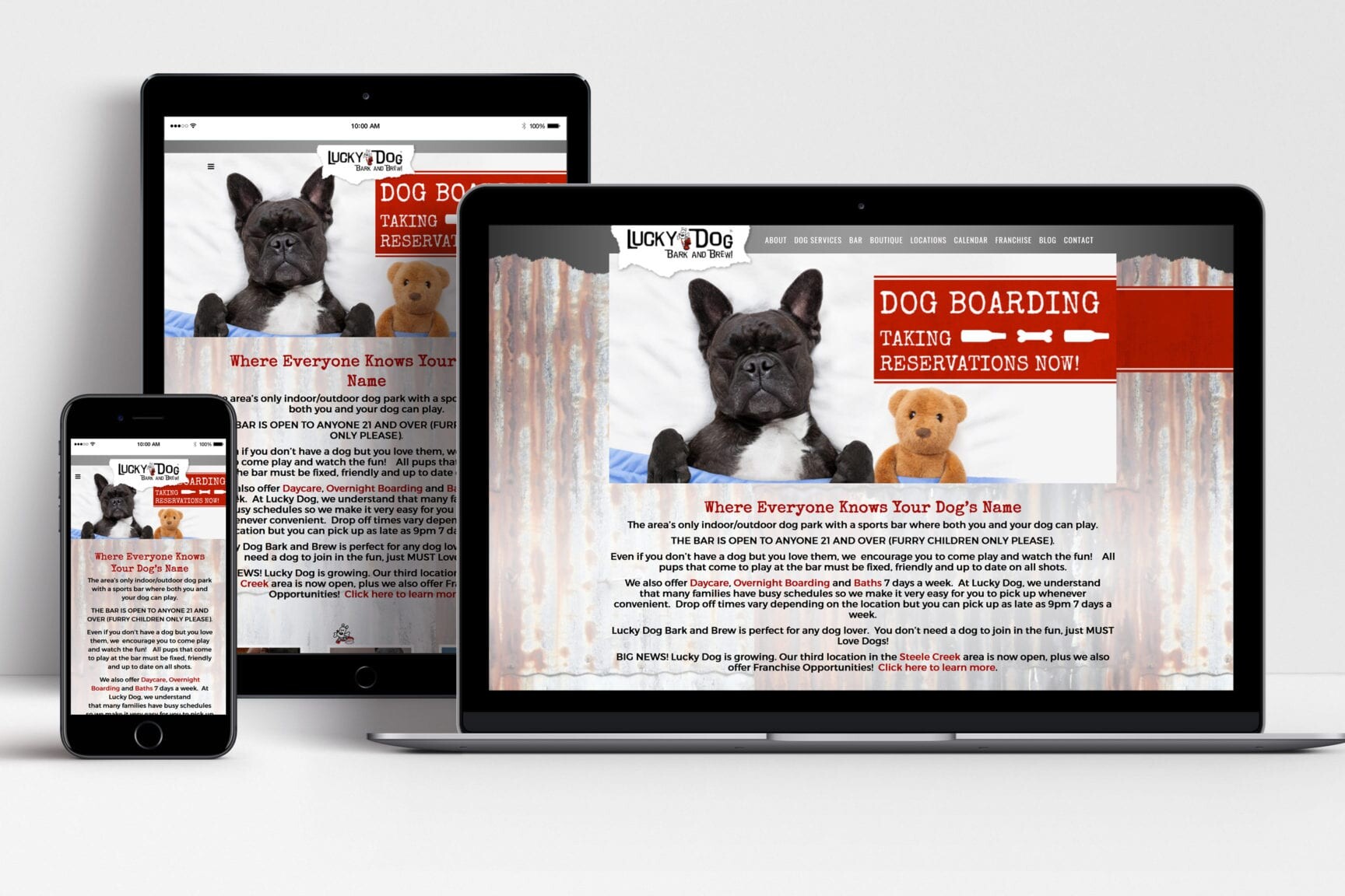 Lucky Dog Bark & Brew website shown on laptop, tablet and mobile